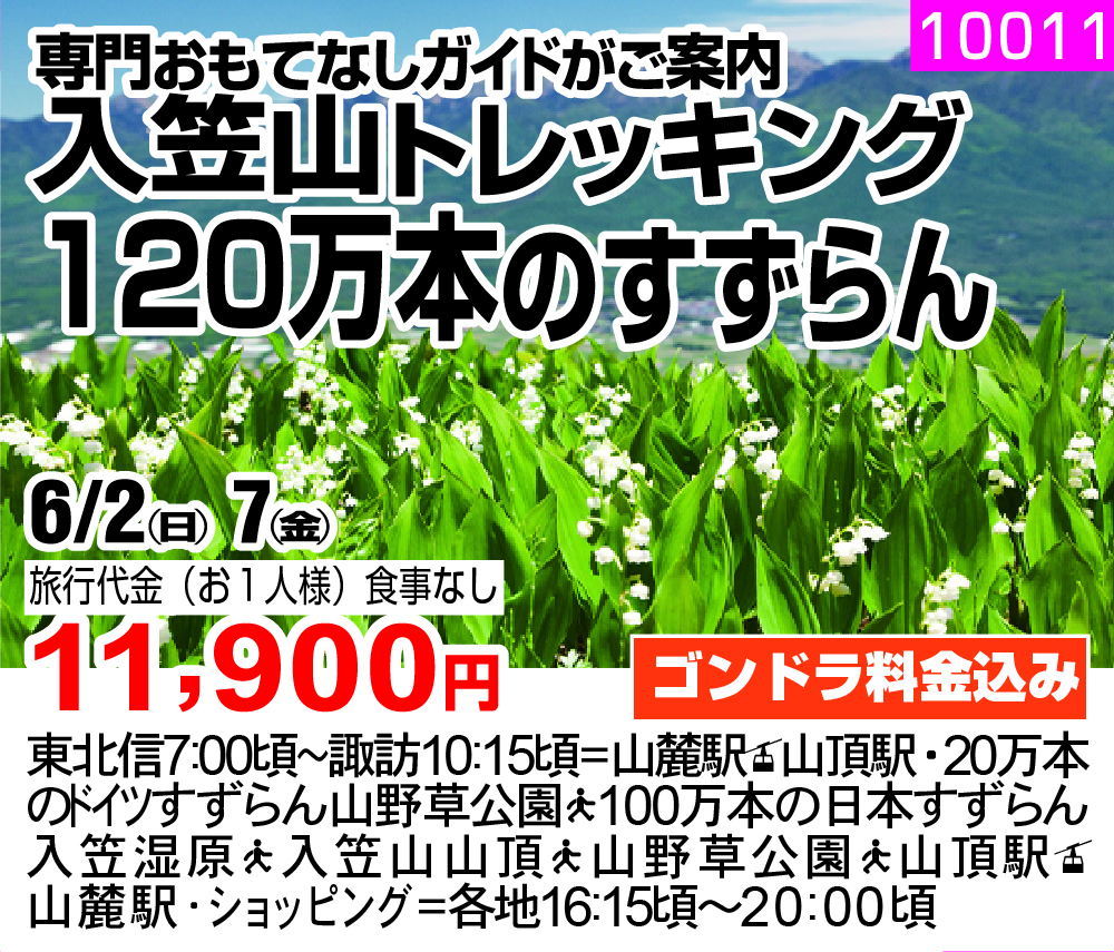 専門おもてなしガイドがご案内 入笠山トレッキング １２０万本のすずらん