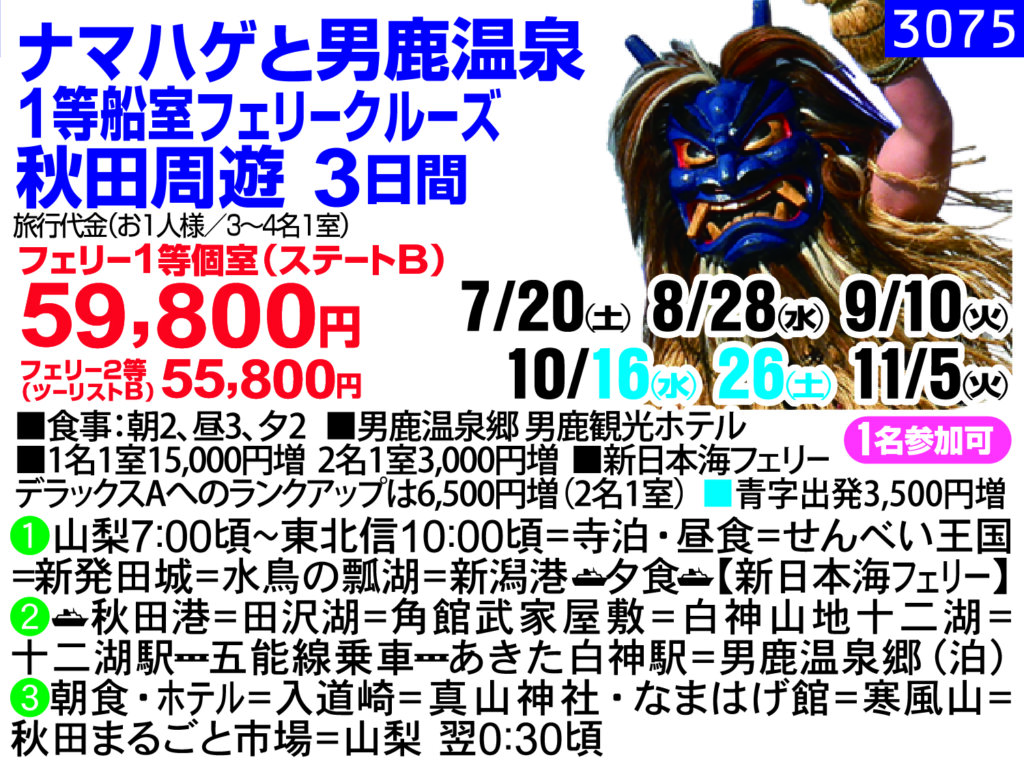 ナマハゲと男鹿温泉 1等船室フェリークルーズ  秋田周遊 3日間